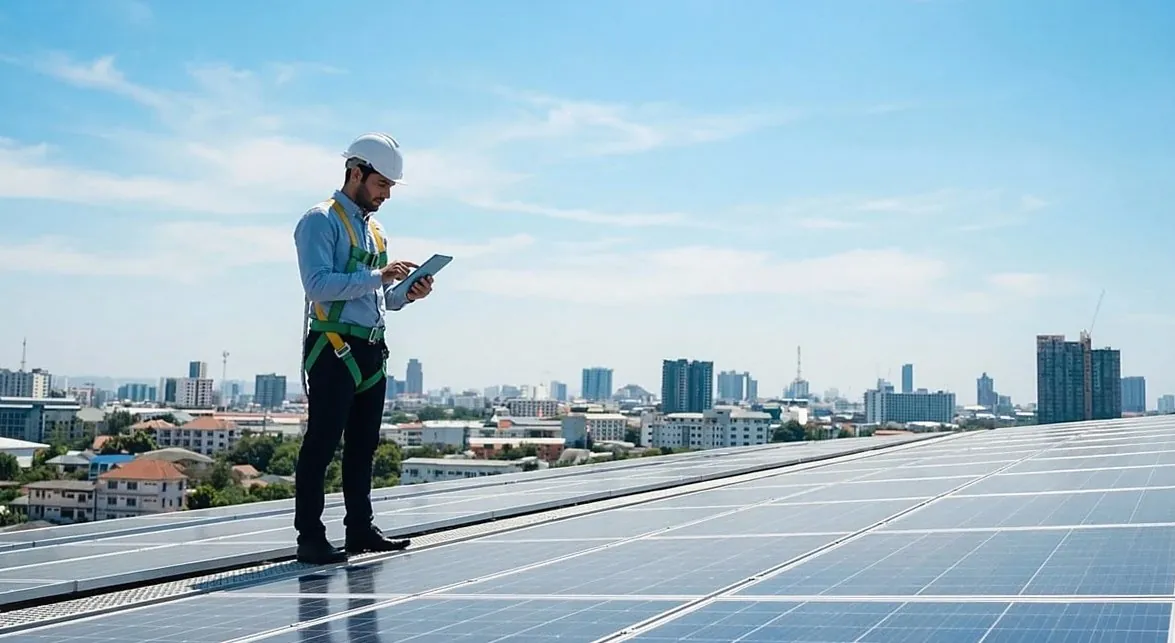 Surveyor in a hard hat checking a tablet on a large rooftop solar array above a city skyline (illustrative photo)